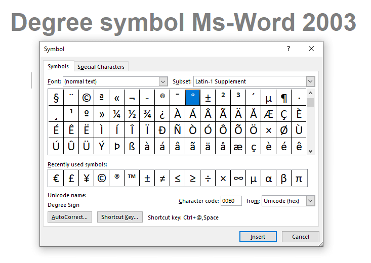 code for degree symbol in word mac